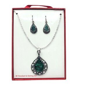 Silver Tone Necklace & Earring Set Faux Mother Of Pearl Enamel